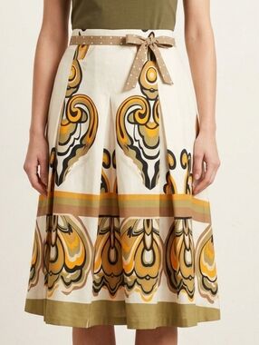 Cream A-Line Skirt with Orange & Olive Print